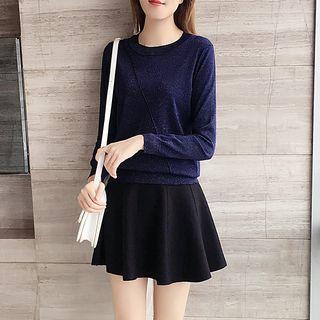Set: Long-sleeve Glitter Knit Top + Mini A-line Skirt