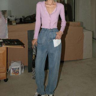 Frill Trim Cardigan / Wide-leg Jeans / Set