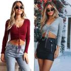 Long Sleeve Drawstring Cropped Knit Top