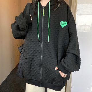 Lettering Heart Textured Hooded Zip Jacket