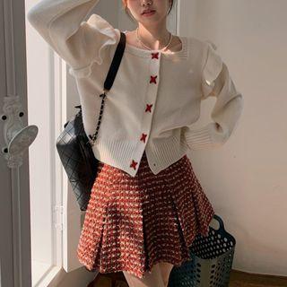 Frill Trim Cropped Cardigan / Plaid Mini A-line Skirt