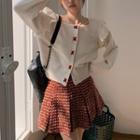 Frill Trim Cropped Cardigan / Plaid Mini A-line Skirt
