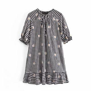 Elbow-sleeve Gingham Floral Embroidered Mini Dress