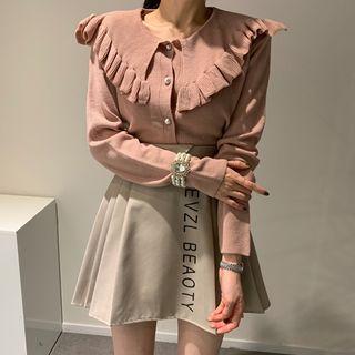 Ruffle Trim Collared Cardigan / Lettering Mini A-line Skirt