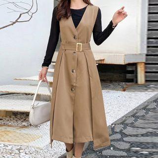 Set: Sleeveless Button-up Midi Dress + Long-sleeve Top