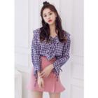 Tie-detail Ruffled Plaid Blouse