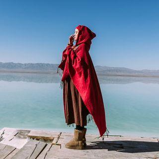 Hooded Pattern Embroidered Trim Cape Red - One Size