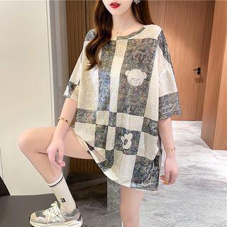 Elbow-sleeve Open Back Checkered T-shirt