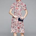 Floral Stand-collar Midi A-line Dress