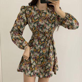 Round-neck Floral Print Mini Dress Floral Print - One Size