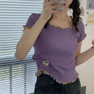 Ruffle-trim Flower Embroidered Short-sleeve Top