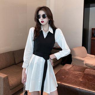 3/4-sleeve Mini Shirtdress / Tie-waist Vest