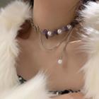 Faux Crystal & Pearl Choker Necklace Purple - One Size