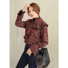 Frilled Ruffle-collar Plaid Blouse Wine Red - One Size