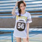 Set: Contrast Trim Bikini Top + Swim Shorts + Short-sleeve Letter Cover-up T-shirt