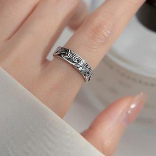 Wavy Sterling Silver Open Ring Silver & Black - One Size