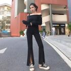 Set: Long-sleeve Cut-out T-shirt + Slit Boot-cut Pants