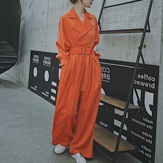 Long Sleeve Single Breasted Belted Wide-leg Jumpsuit