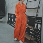 Long Sleeve Single Breasted Belted Wide-leg Jumpsuit