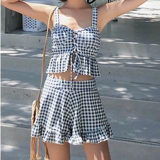 Set: Checked Lace Up Tankini Top + Swim Skirt