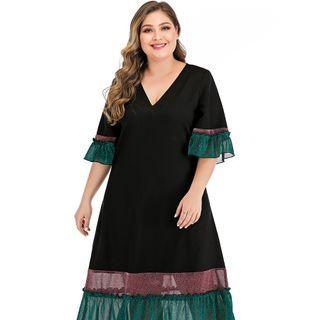 Plus Size Elbow-sleeve Color Block Panel Midi Dress