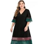 Plus Size Elbow-sleeve Color Block Panel Midi Dress