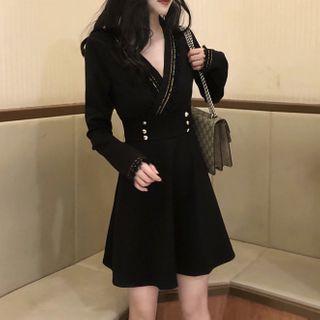 Fringed Trim Double-breasted Long-sleeve A-line Dress