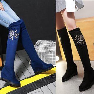 Flower-accent Wedge Tall Boots