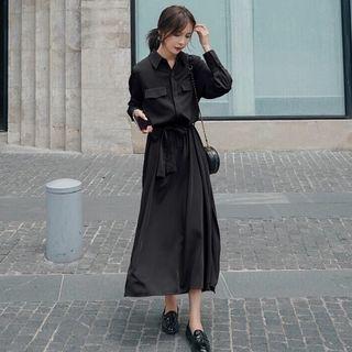 Tie Waist Long-sleeve Midi Collared Dress