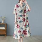 Elbow-sleeve Flower Print Linen Midi A-line Dress Beige - One Size