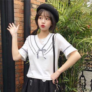 Bell-sleeve T-shirt / Mini Embroidered Mesh Skirt