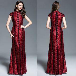 Cap Sleeve Lace Qipao Evening Gown
