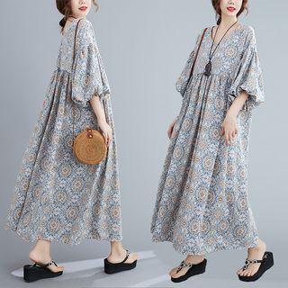 3/4-sleeve Pattern Loose-fit A-line Dress