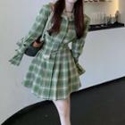 Long-sleeve Plaid A-line Dress Green - One Size