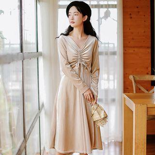 Long-sleeve Velvet Drawstring Midi A-line Dress