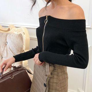 Off-shoulder Front Zip Long-sleeve Knit Top