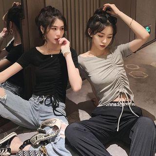 Asymmetric Shoulder Drawstring Front T-shirt