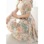 Round-neck Chiffon-sleeve Floral Midi Dress