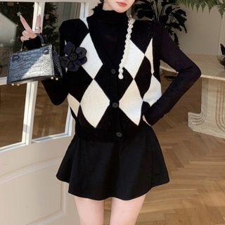 Argyle Sweater Vest / Mock-neck Knit Top / Mini A-line Skirt