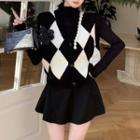 Argyle Sweater Vest / Mock-neck Knit Top / Mini A-line Skirt