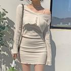 Set: Lettuce Edge Cropped Cardigan + Spaghetti-strap Mini Bodycon Dress