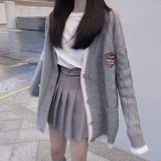 Applique Knitted Cardigan / Pleated A-line Skirt / Long Sleeve Plain T-shirt