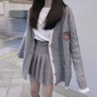 Applique Knitted Cardigan / Pleated A-line Skirt / Long Sleeve Plain T-shirt