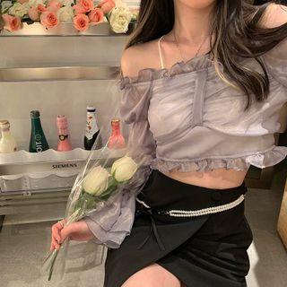 Off Shoulder Mesh Pleated Ruffle Cropped Top