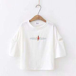 Elbow-sleeve Cutout Print T-shirt