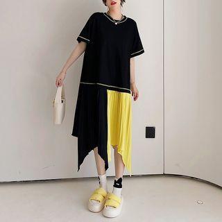 Elbow-sleeve Two-tone Asymmetrical Midi A-line Dress