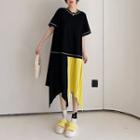 Elbow-sleeve Two-tone Asymmetrical Midi A-line Dress