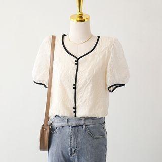 V-neck Two Tone Button-up Embroider Blouse