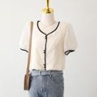 V-neck Two Tone Button-up Embroider Blouse