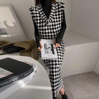 Fringed Checked Vest & Long Skirt Set